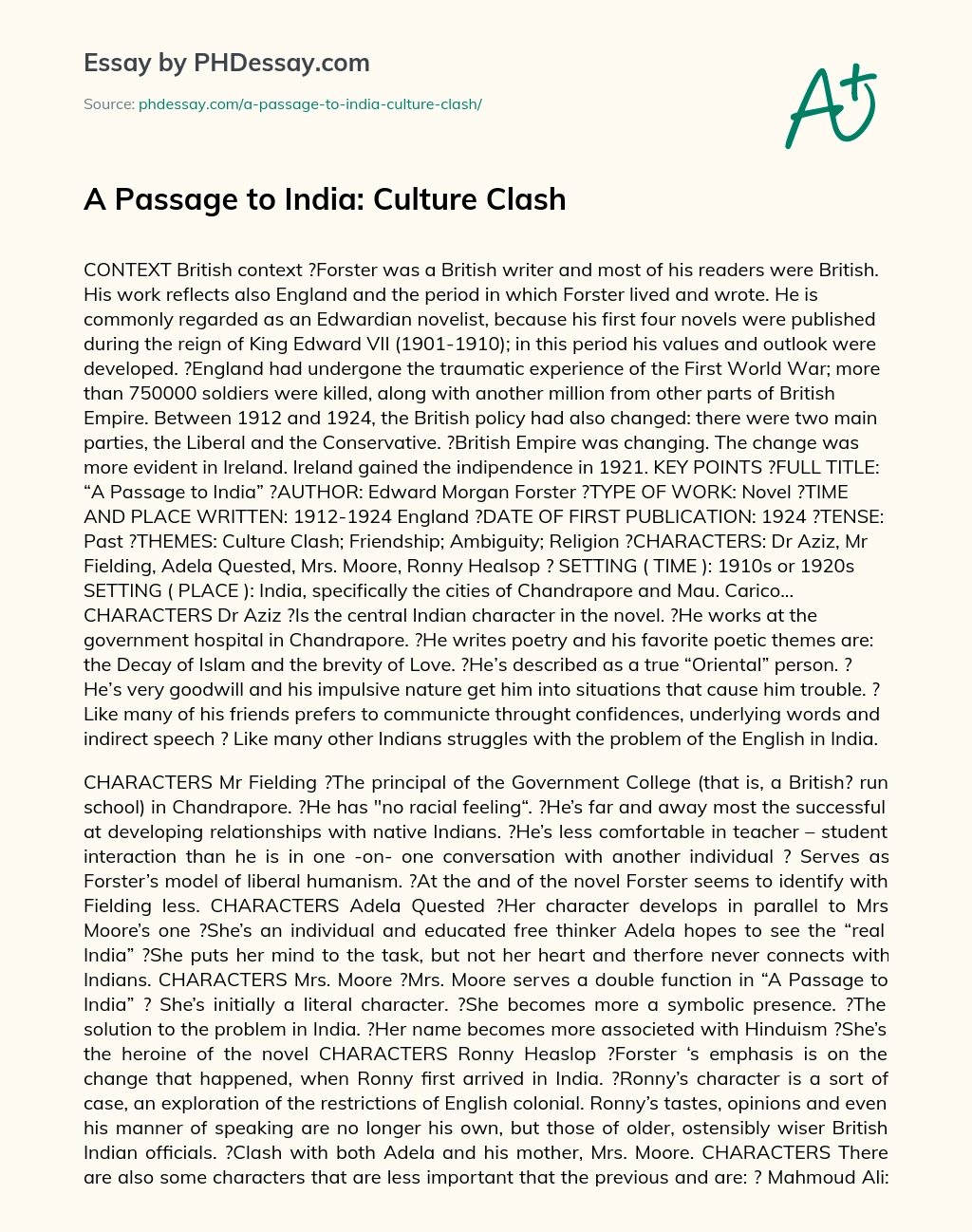 A Passage to India: Culture Clash essay