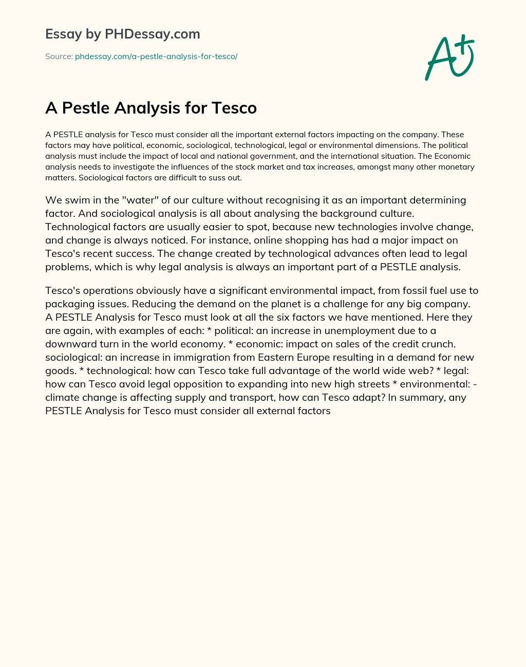 A Pestle Analysis for Tesco essay