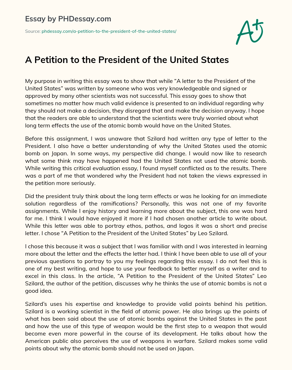 A Petition to the President of the United States essay