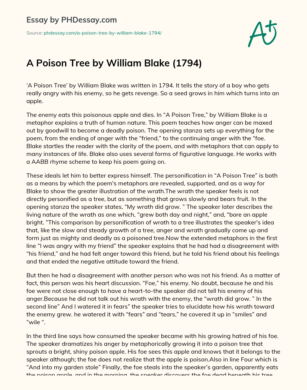 A Poison Tree by William Blake (1794) essay