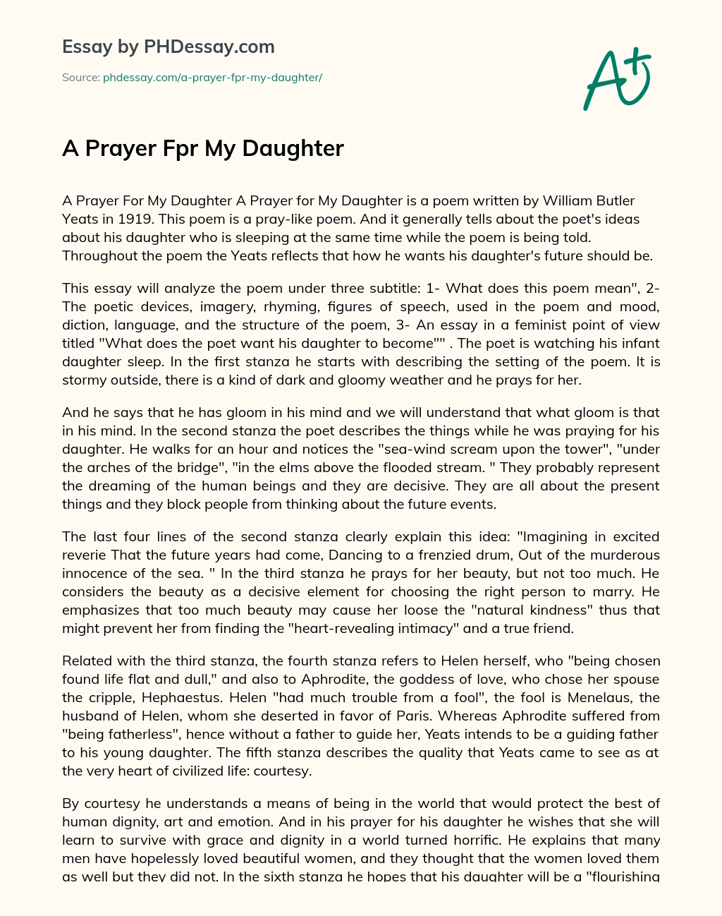 A Prayer Fpr My Daughter essay