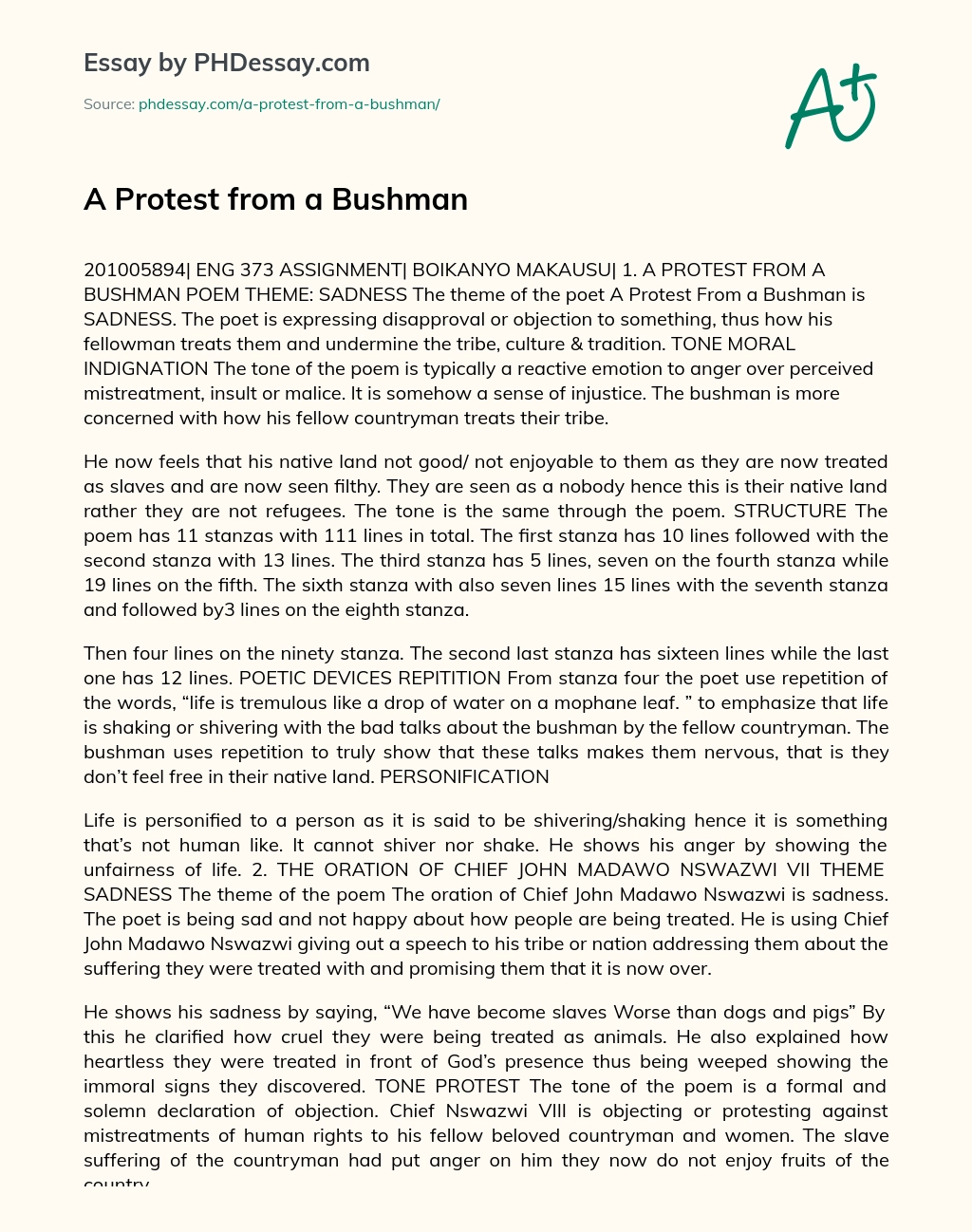 A Protest from a Bushman essay