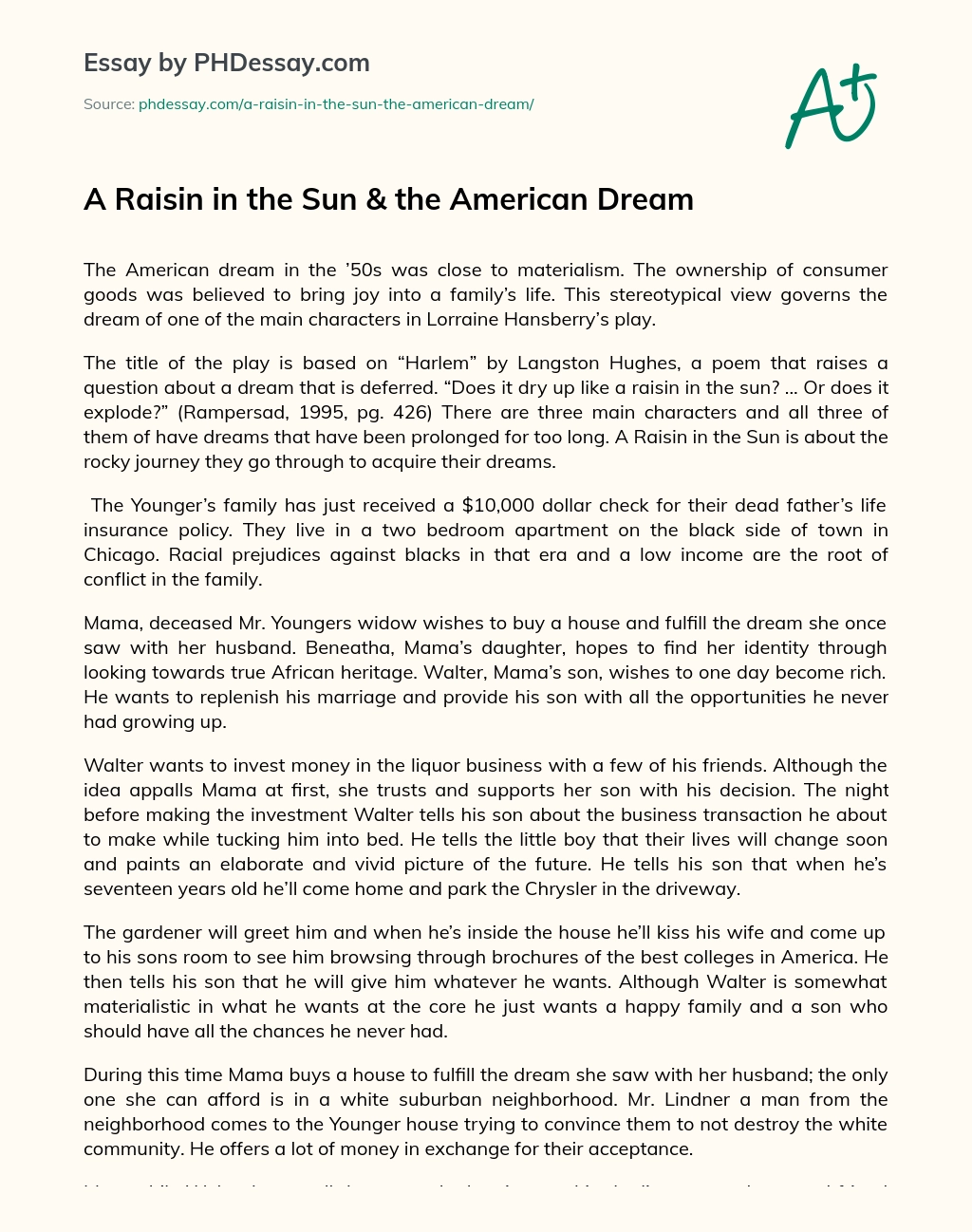 A Raisin in the Sun & the American Dream essay