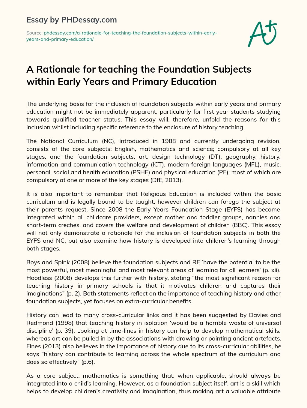 A Rationale for teaching the Foundation Subjects within Early Years and Primary Education essay