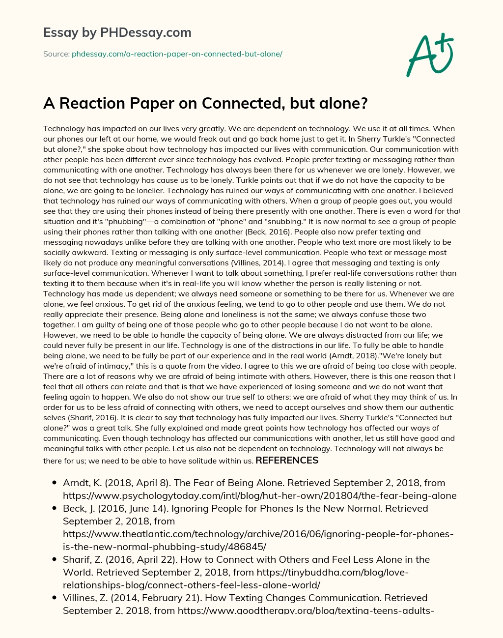 A Reaction Paper on Connected, but alone? essay
