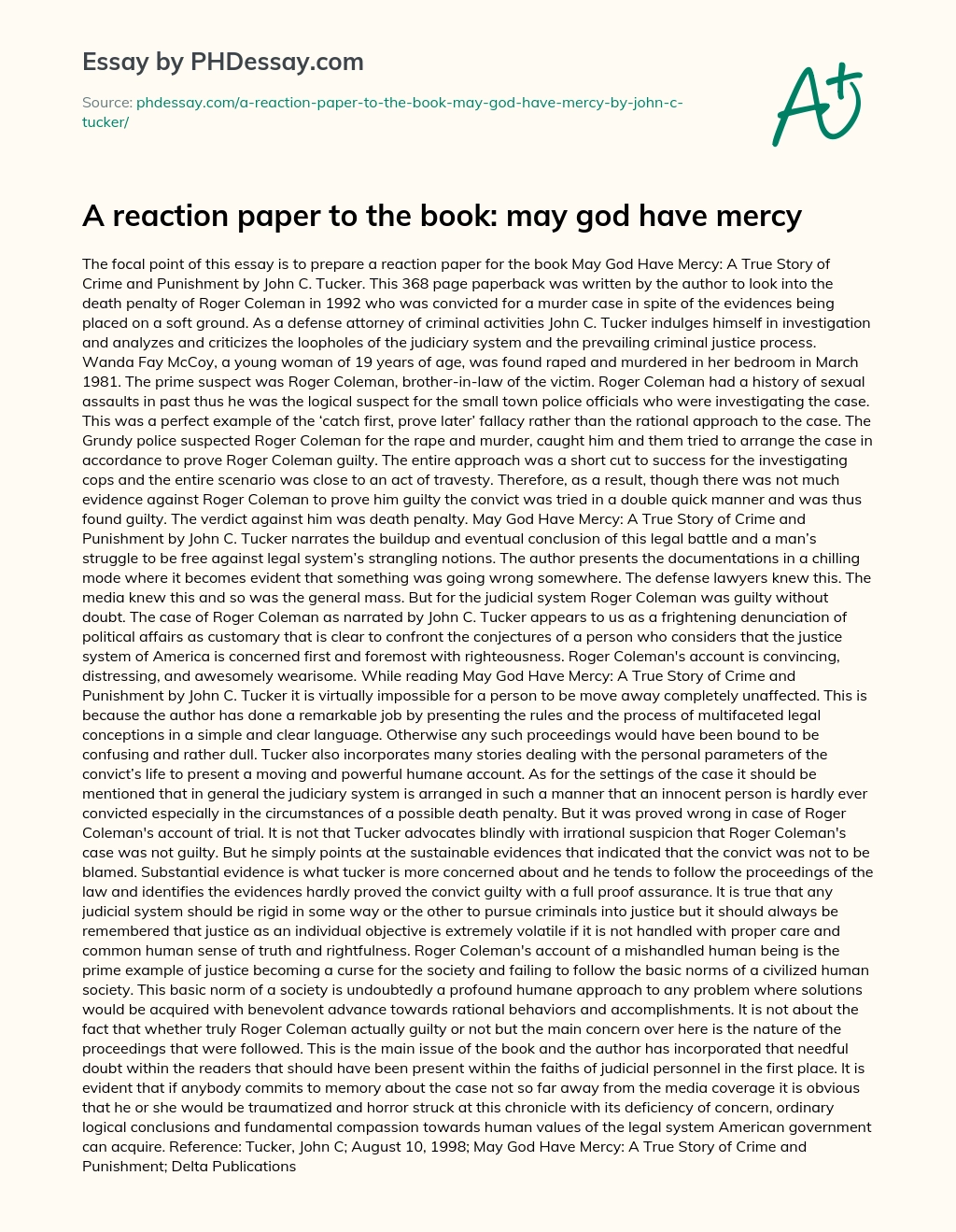 A reaction paper to the book: may god have mercy essay