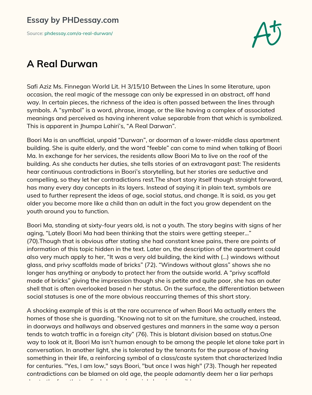 A Real Durwan essay