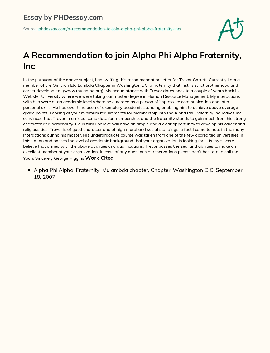 A Recommendation to join Alpha Phi Alpha Fraternity, Inc