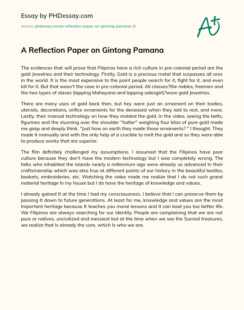 A Reflection Paper on Gintong Pamana essay