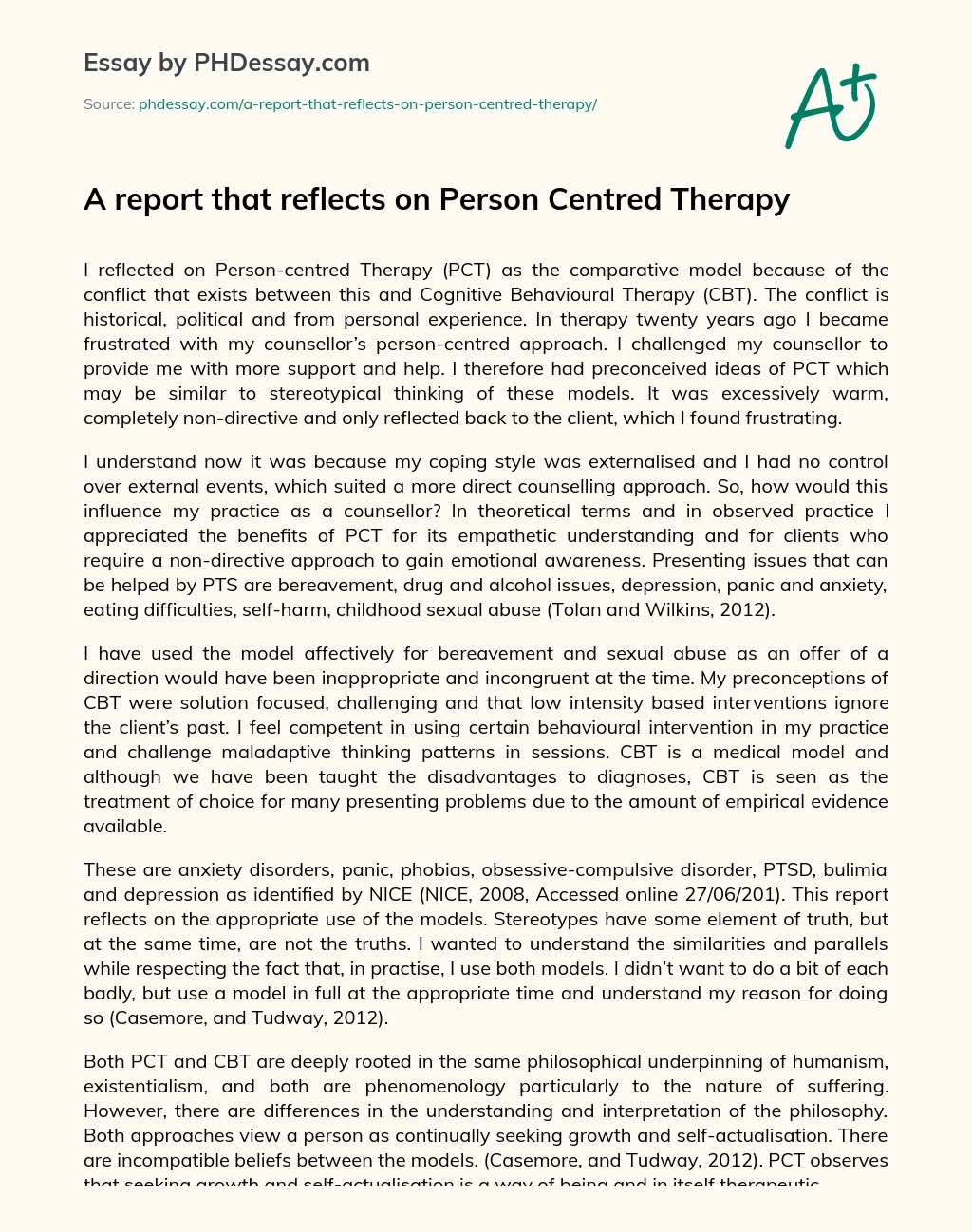 A report that reflects on Person Centred Therapy essay