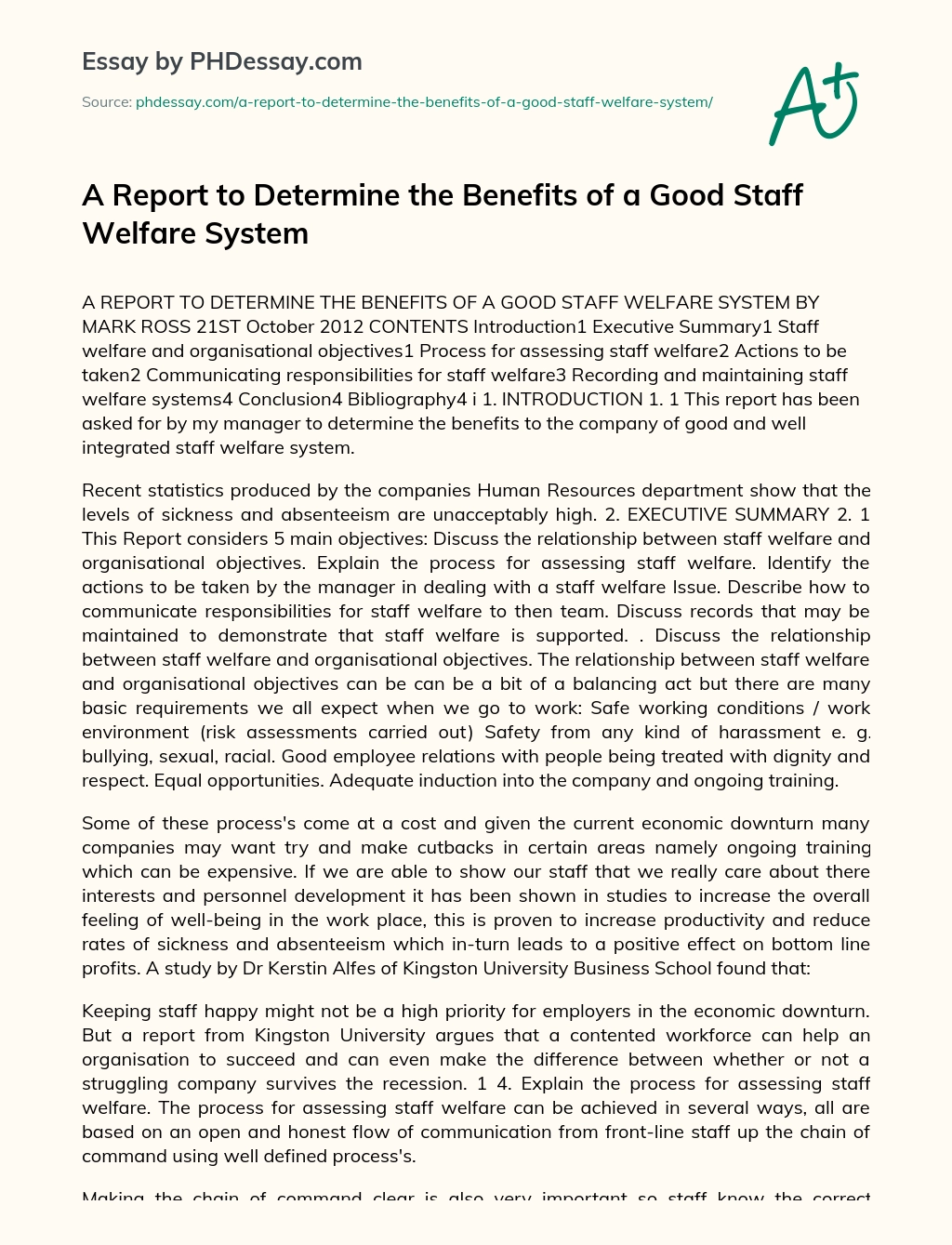 A Report to Determine the Benefits of a Good Staff Welfare System essay