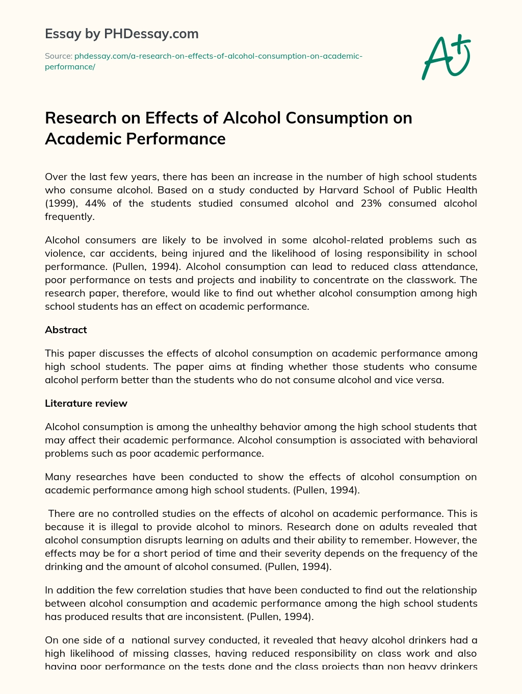 Research on Effects of Alcohol Consumption on Academic Performance essay