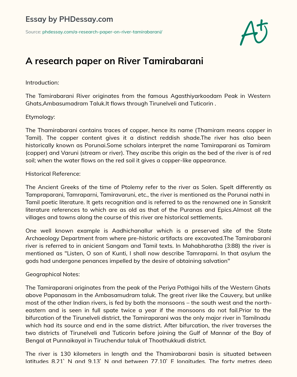 A research paper on River Tamirabarani essay
