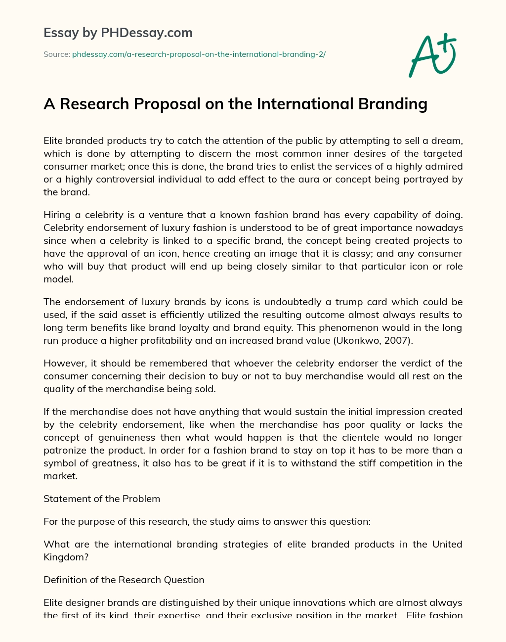 A Research Proposal on the International Branding essay