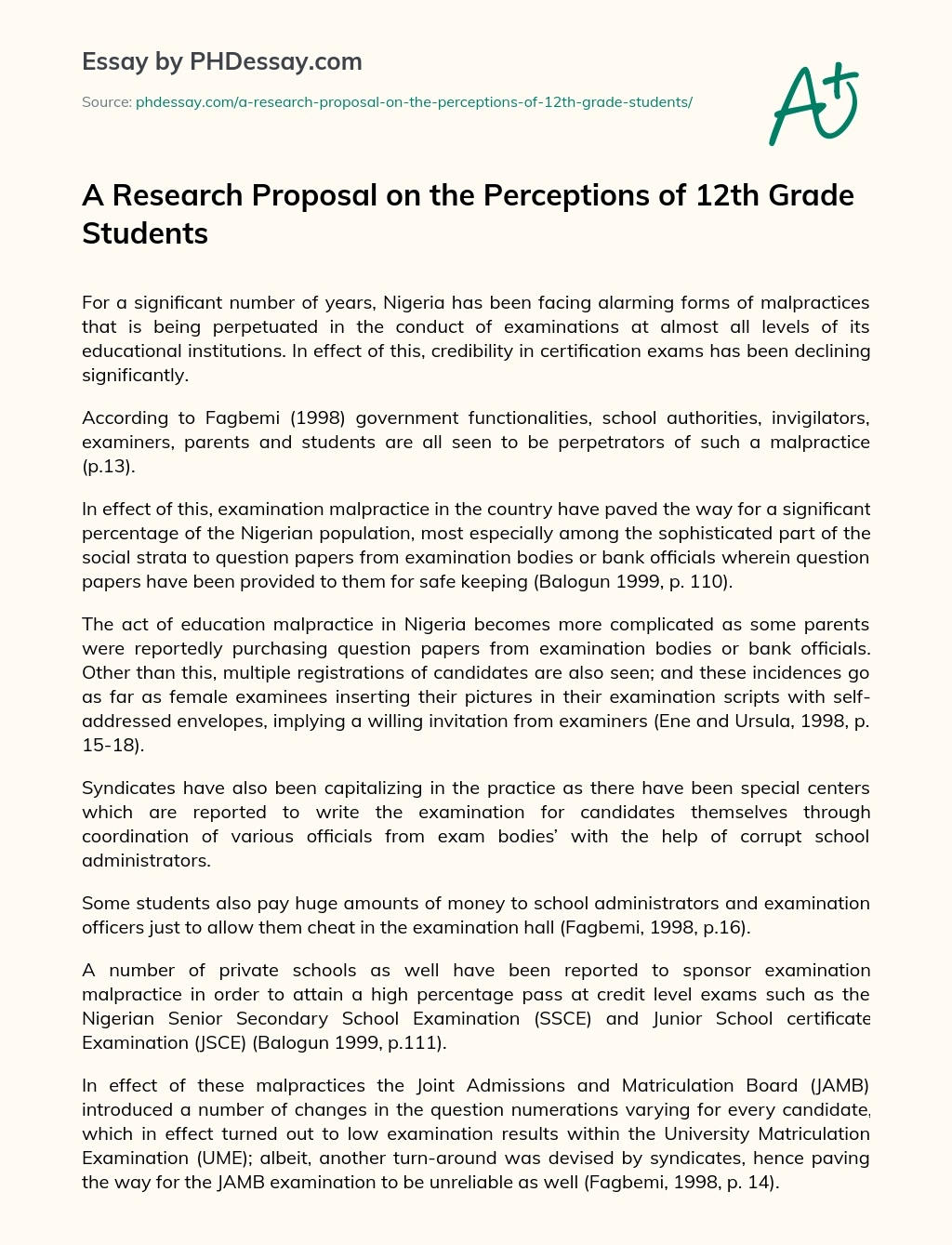 A Research Proposal on the Perceptions of 12th Grade Students essay