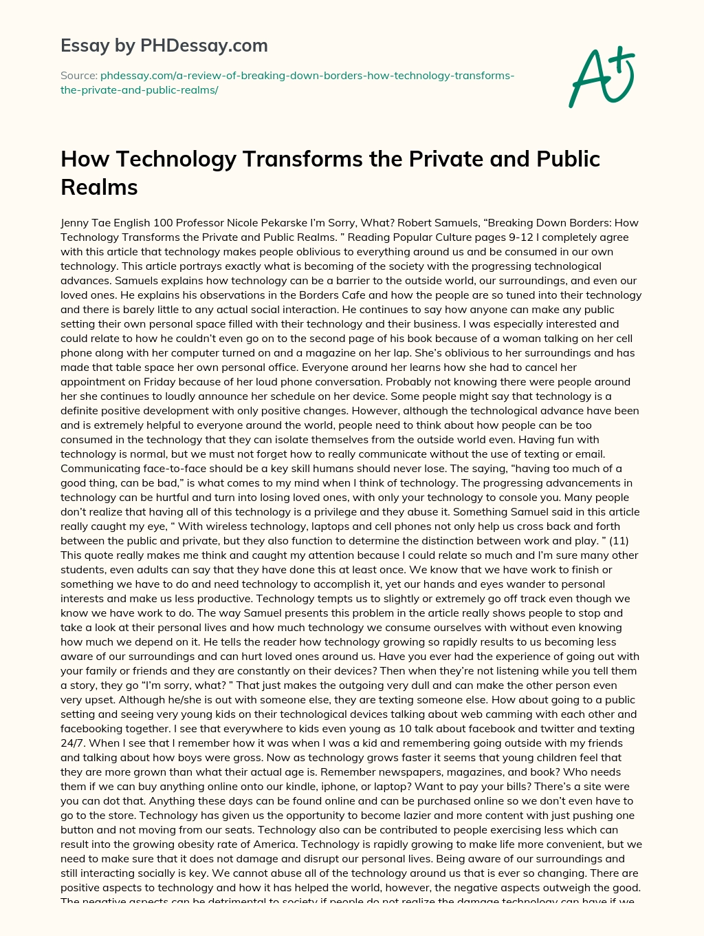 How Technology Transforms the Private and Public Realms essay