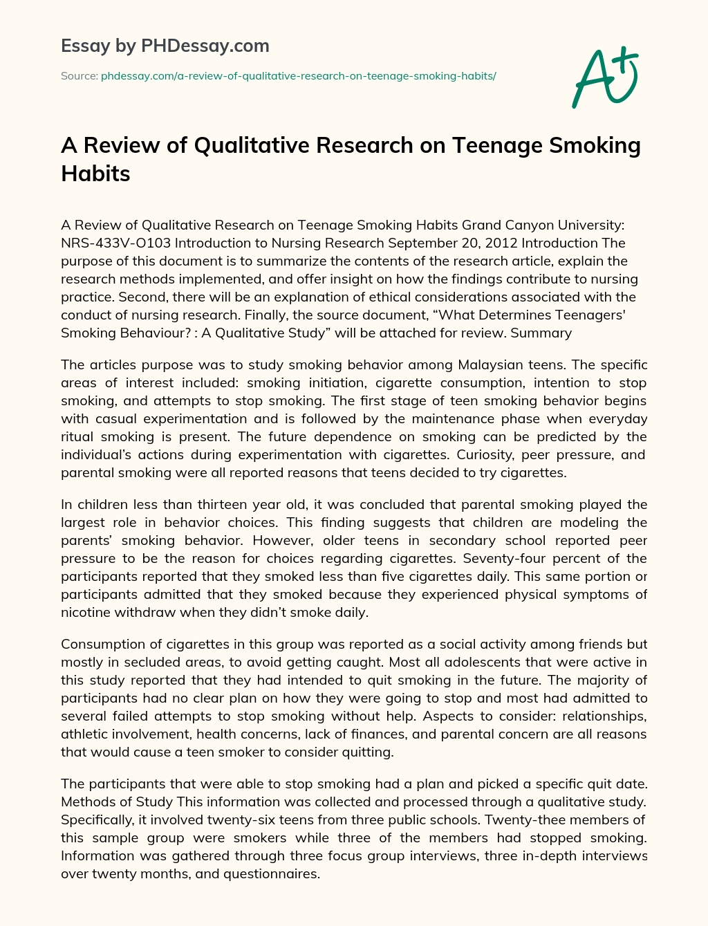 A Review of Qualitative Research on Teenage Smoking Habits essay