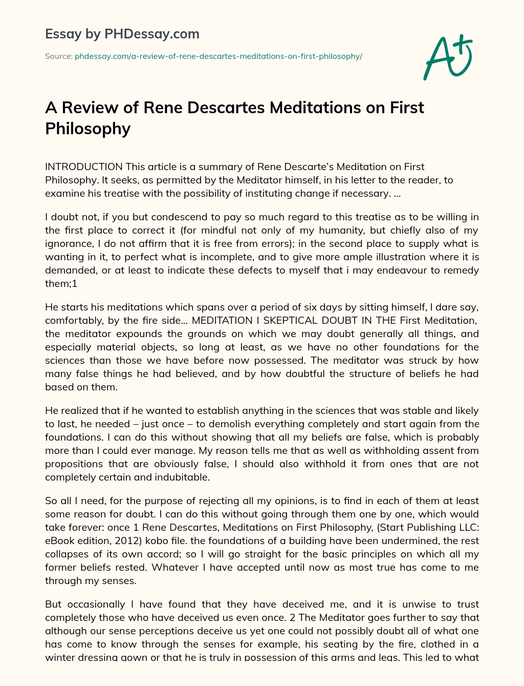 A Review of Rene Descartes Meditations on First Philosophy essay