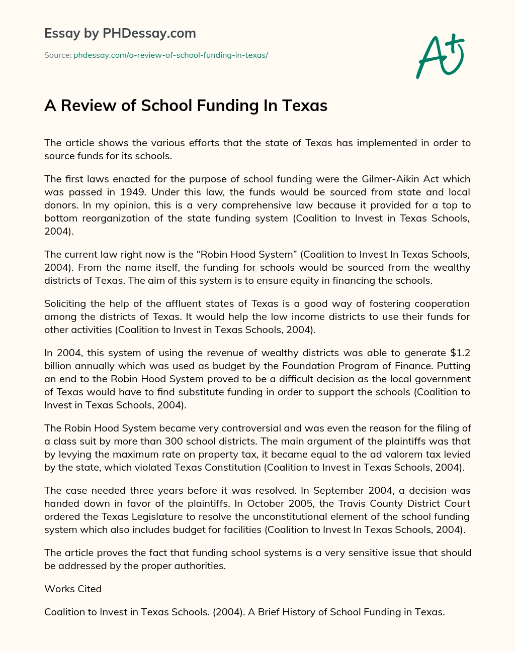 A Review of School Funding In Texas essay