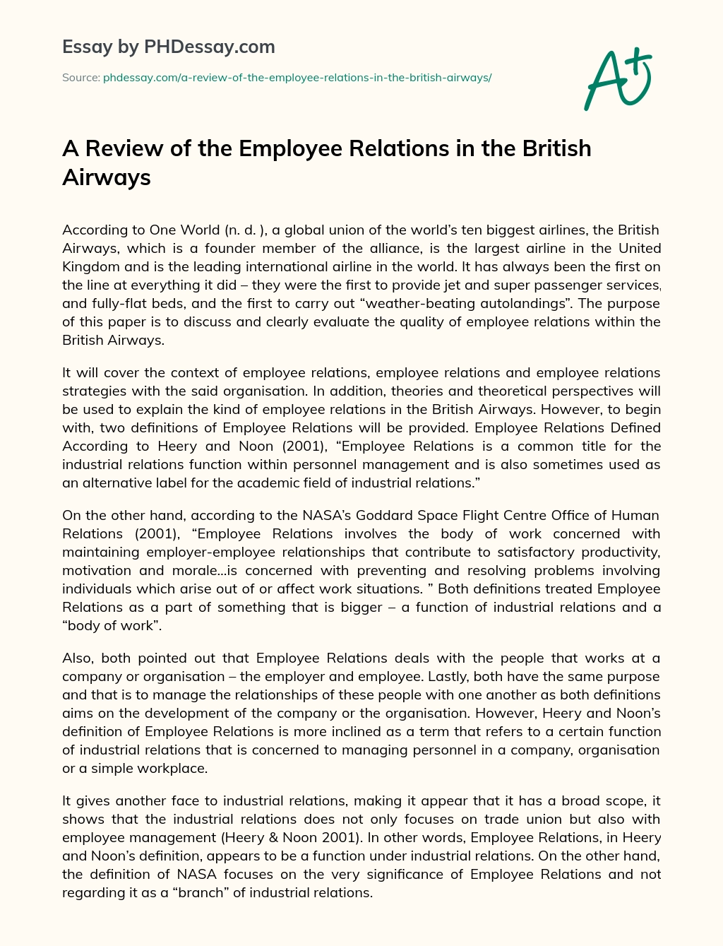 A Review of the Employee Relations in the British Airways essay
