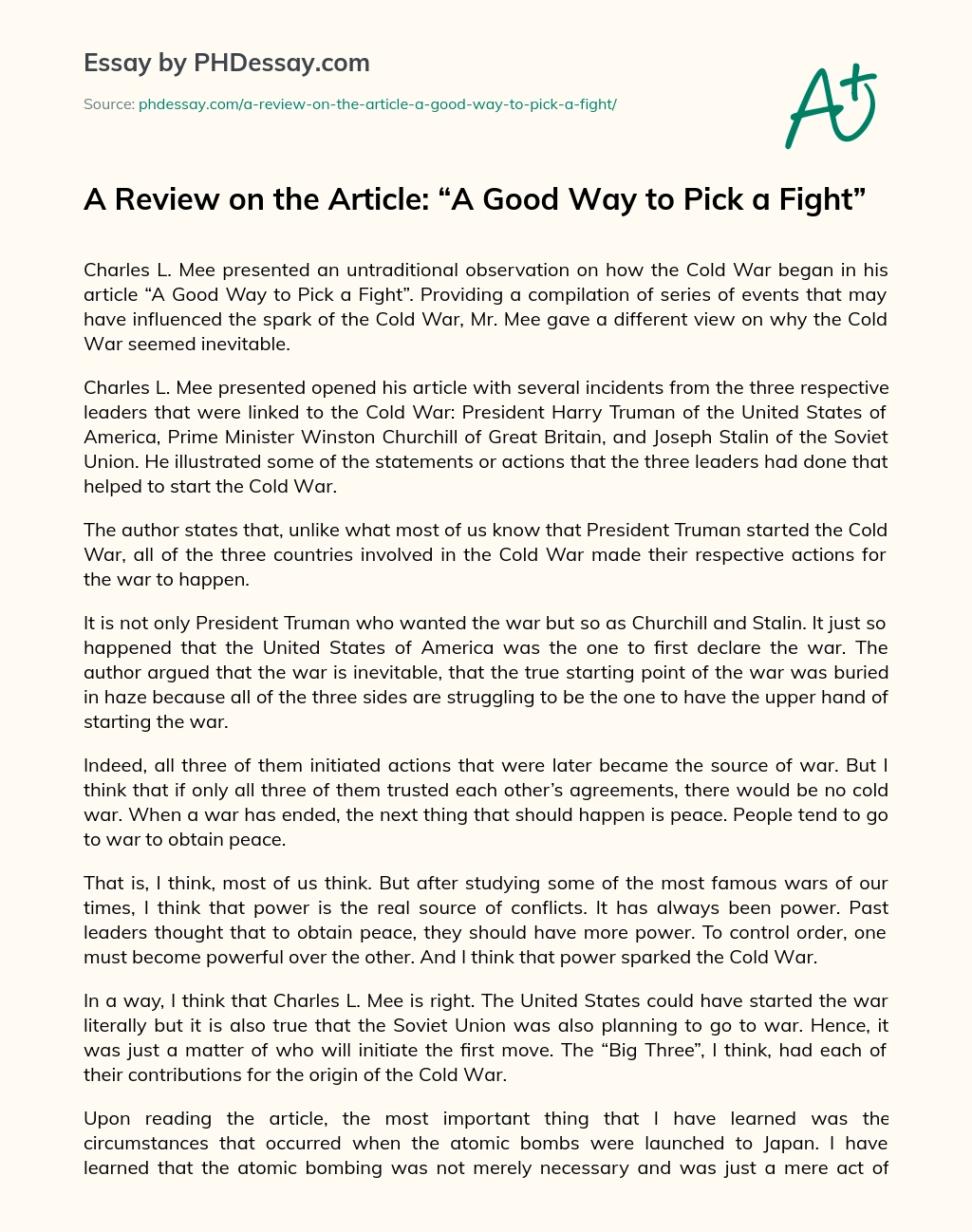 A Review on the Article: “A Good Way to Pick a Fight” essay