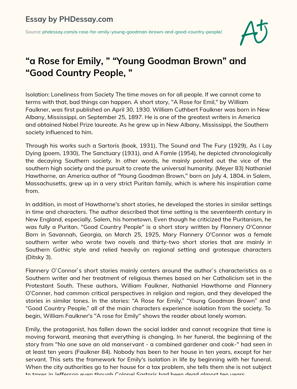 A Rose for Emily and Young Goodman Brown and Good Country People essay