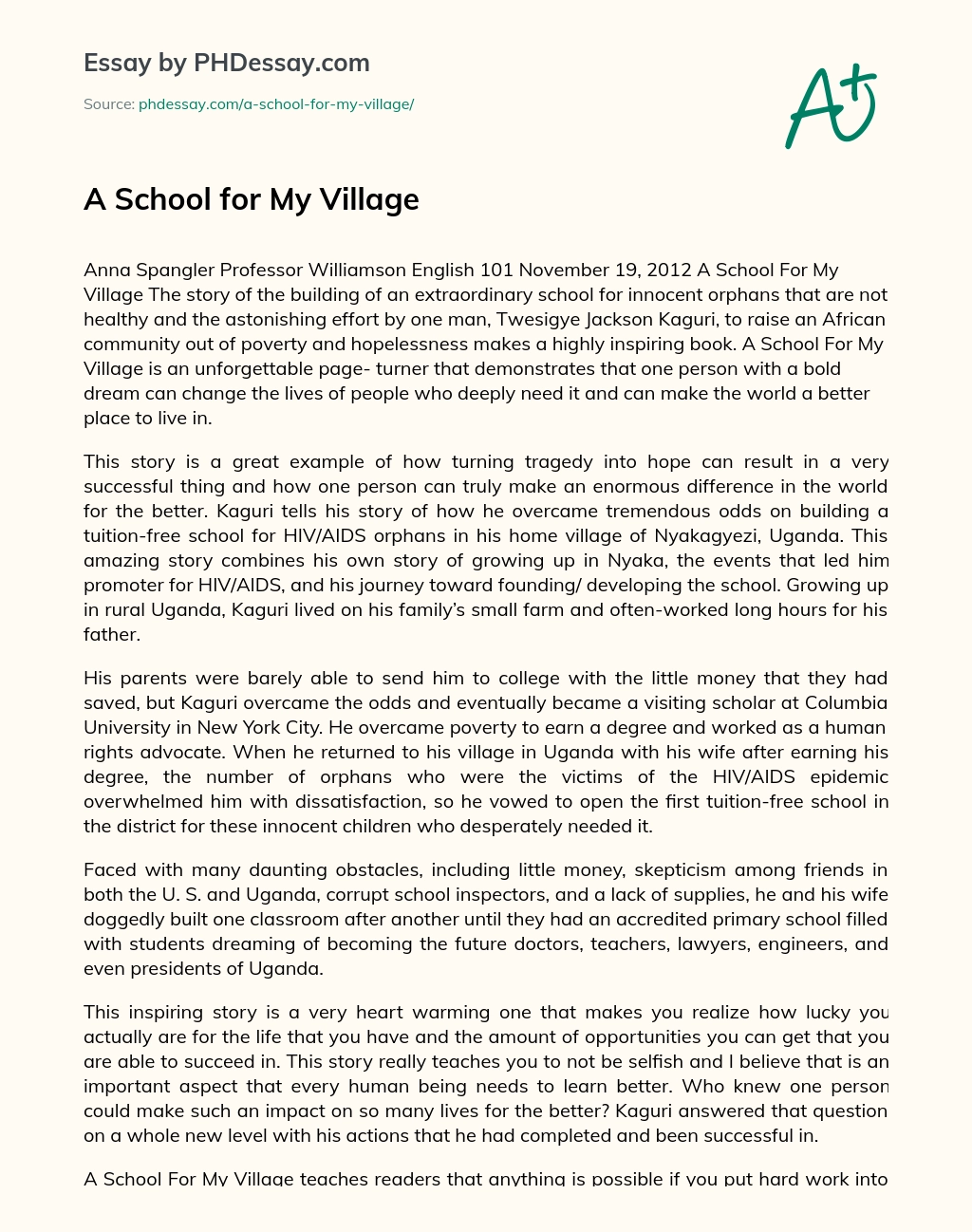 A School for My Village essay