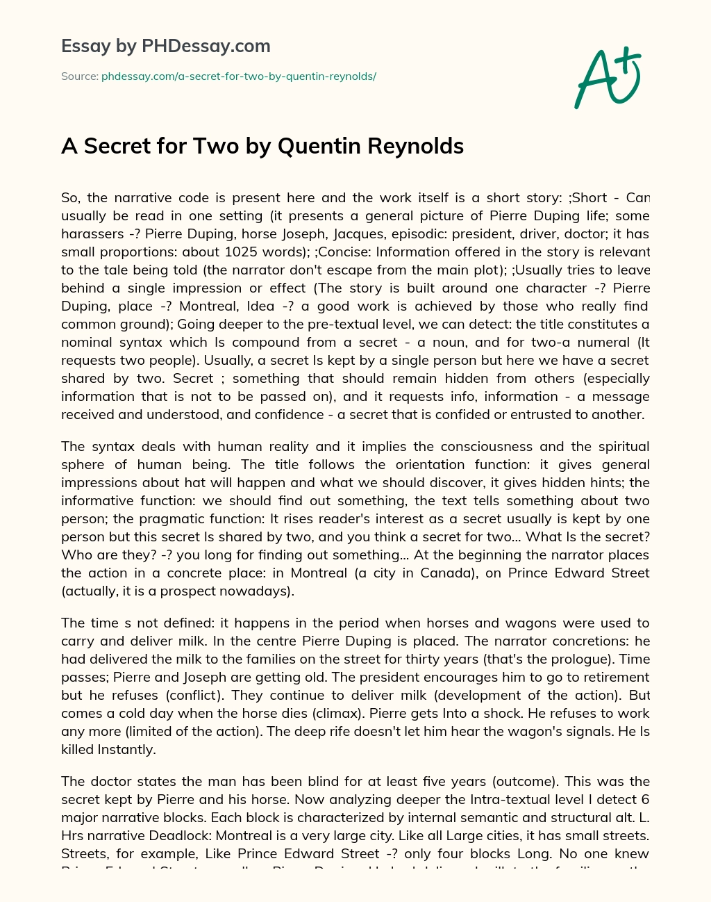 A Secret for Two by Quentin Reynolds essay