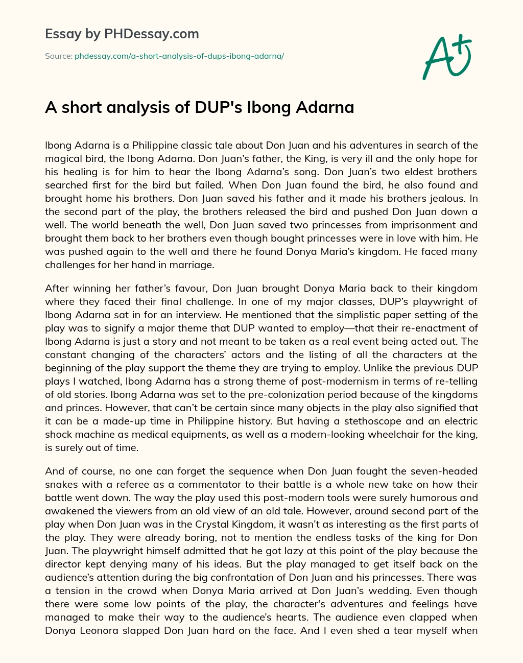 A short analysis of DUP’s Ibong Adarna essay