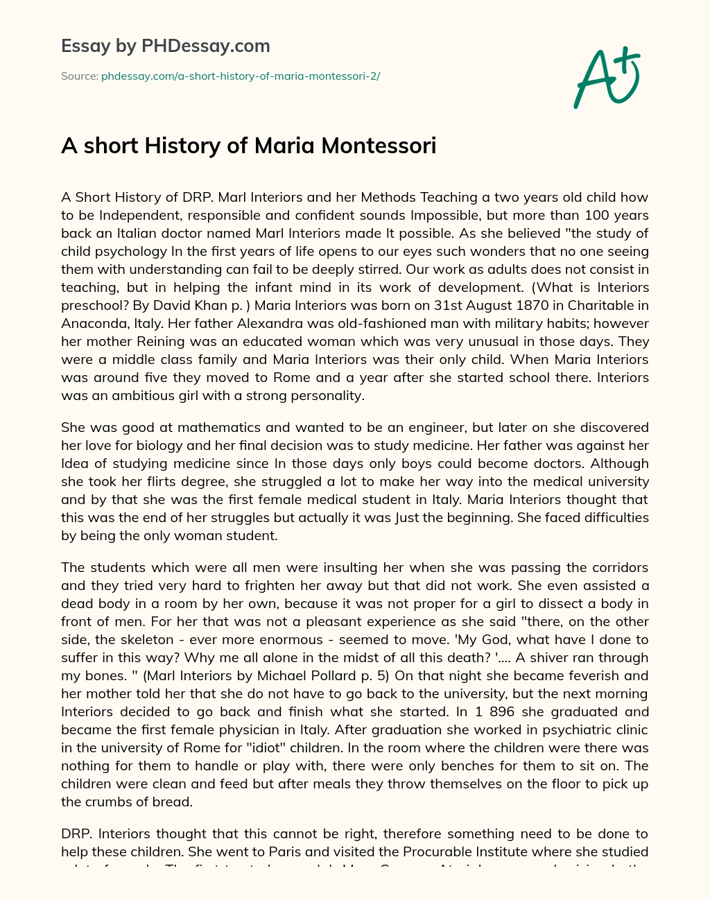 A short History of Maria Montessori essay