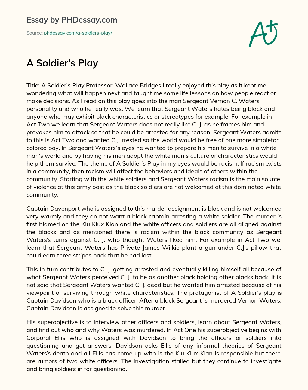 A Soldier’s Play essay