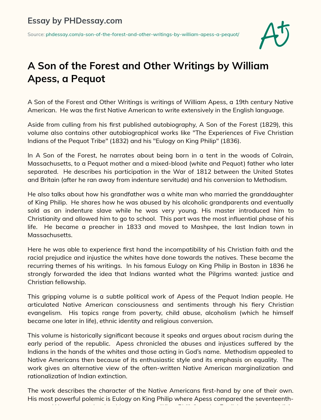 A Son of the Forest and Other Writings by William Apess, a Pequot essay