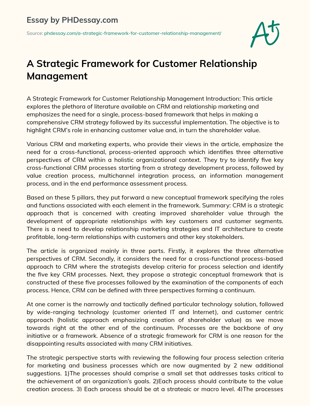 A Strategic Framework for Customer Relationship Management essay