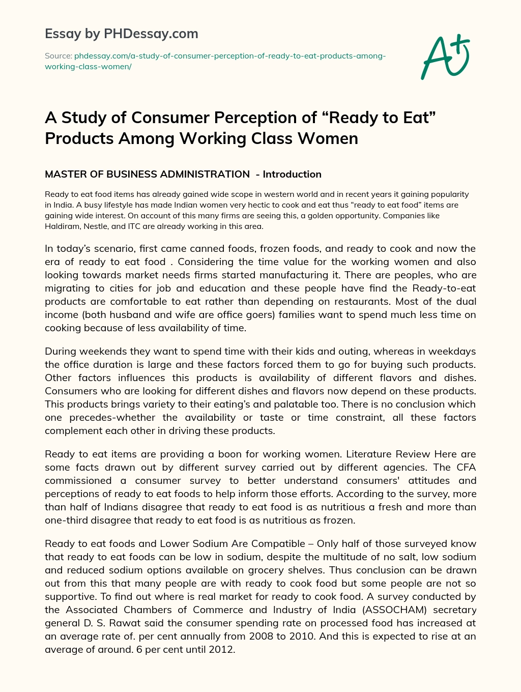 A Study of Consumer Perception of “Ready to Eat” Products Among Working Class Women essay