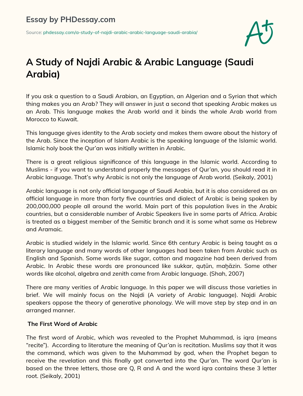 A Study of Najdi Arabic & Arabic Language (Saudi Arabia) essay