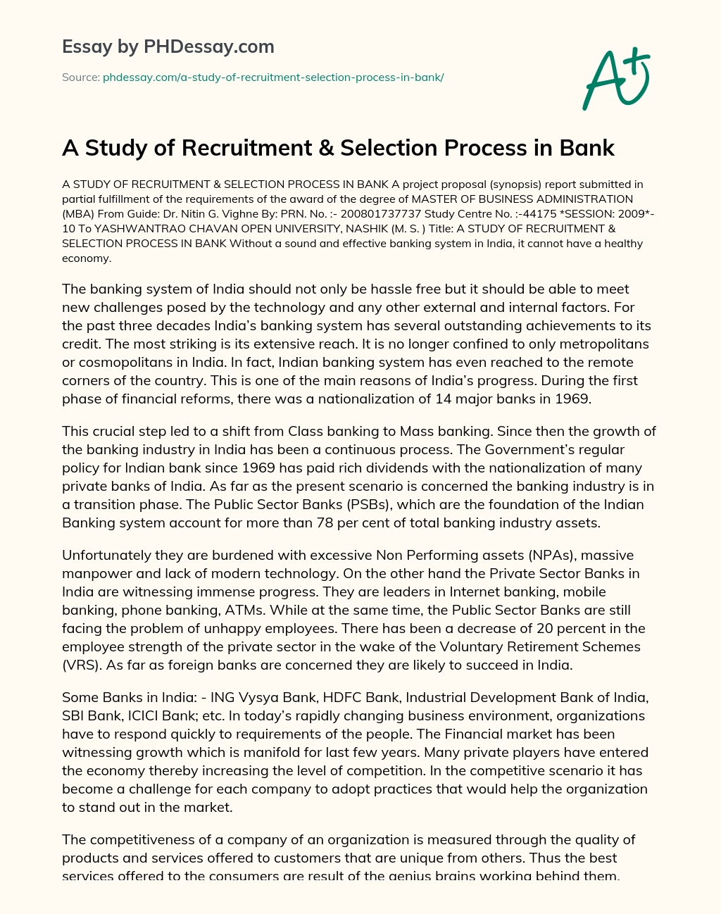 A Study of Recruitment & Selection Process in Bank essay