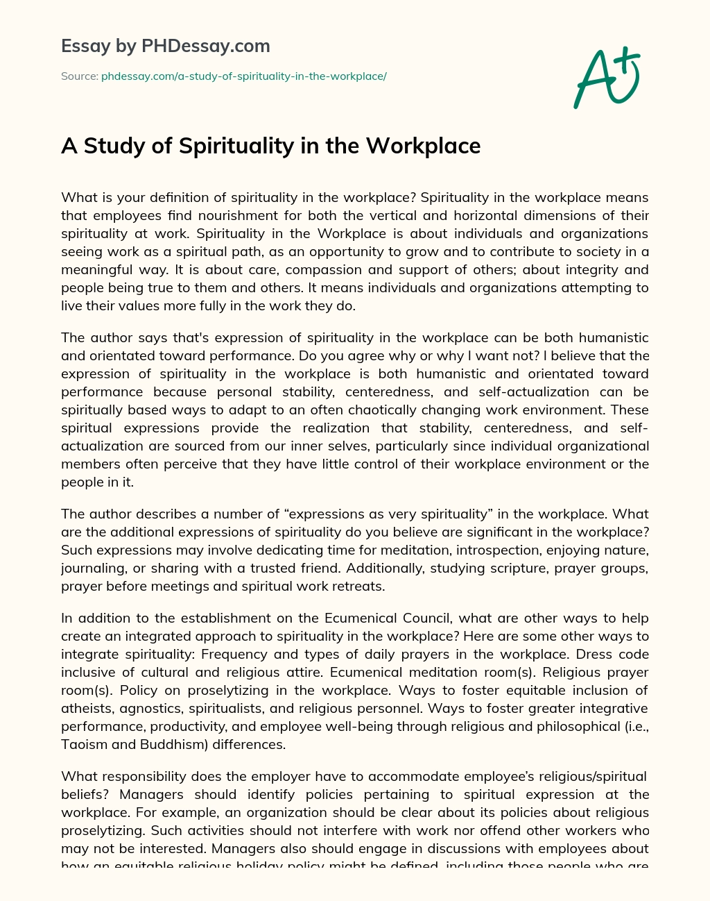 A Study of Spirituality in the Workplace essay