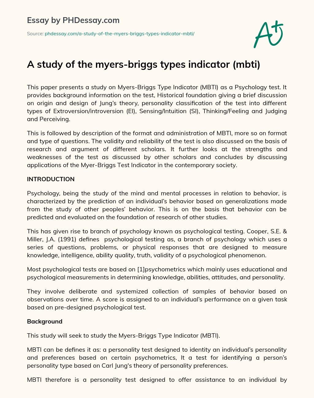 A study of the myers-briggs types indicator (mbti) essay