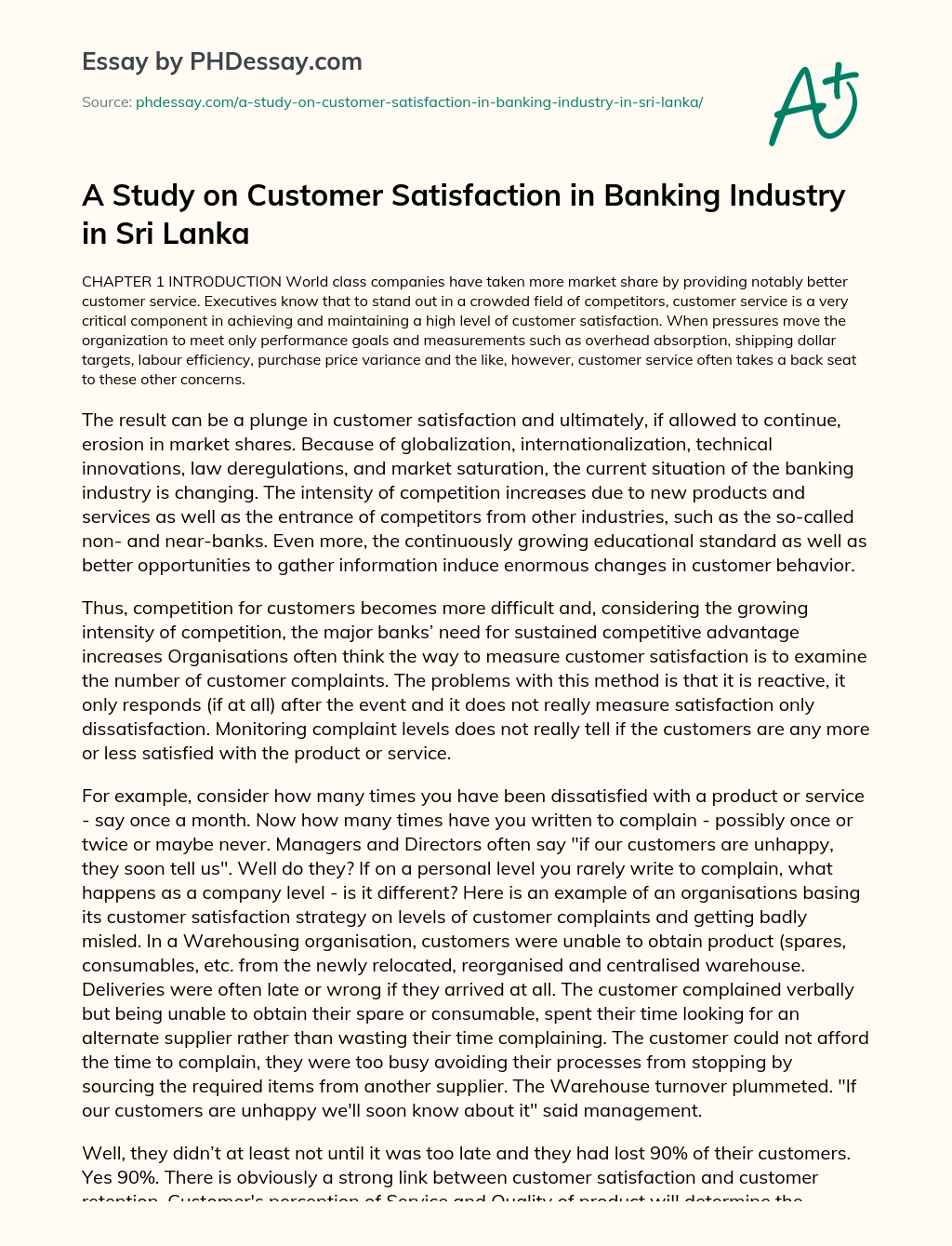 A Study on Customer Satisfaction in Banking Industry in Sri Lanka essay
