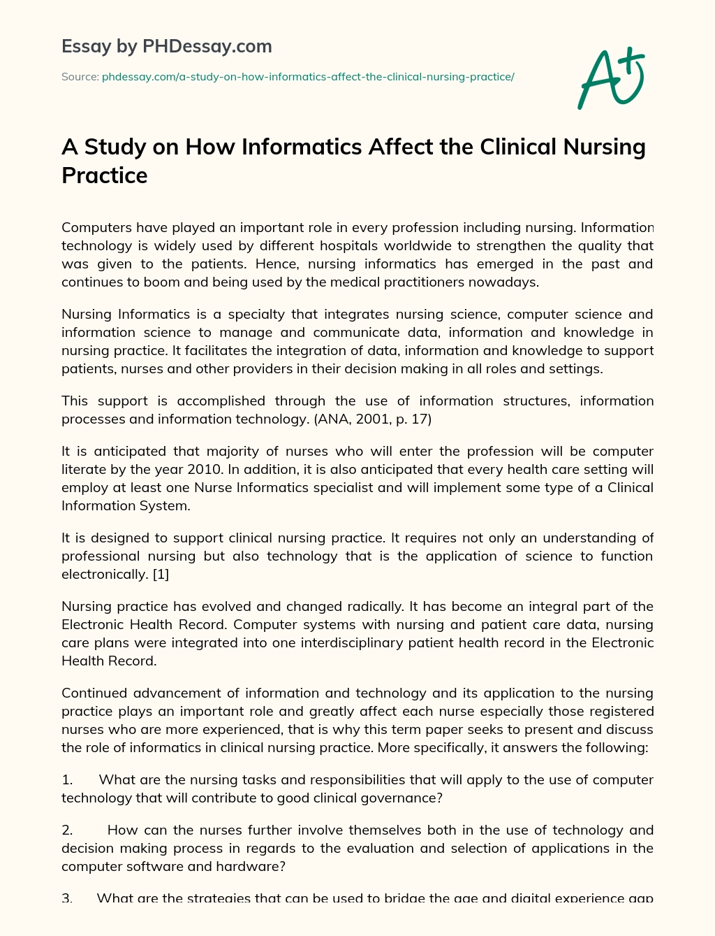 A Study on How Informatics Affect the Clinical Nursing Practice essay