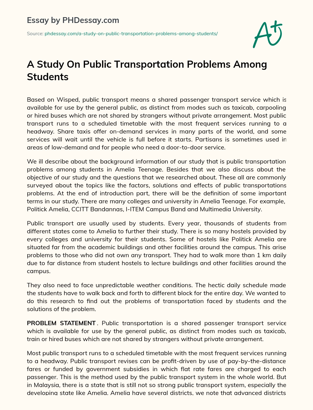 A Study On Public Transportation Problems Among Students essay
