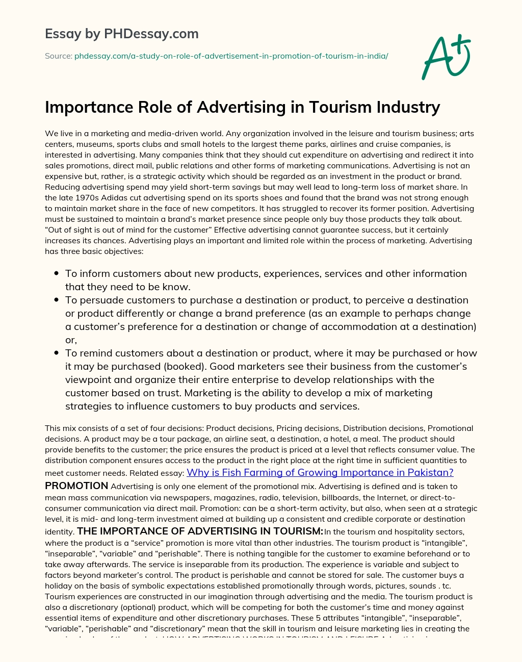 Importance Role of Advertising in Tourism Industry essay