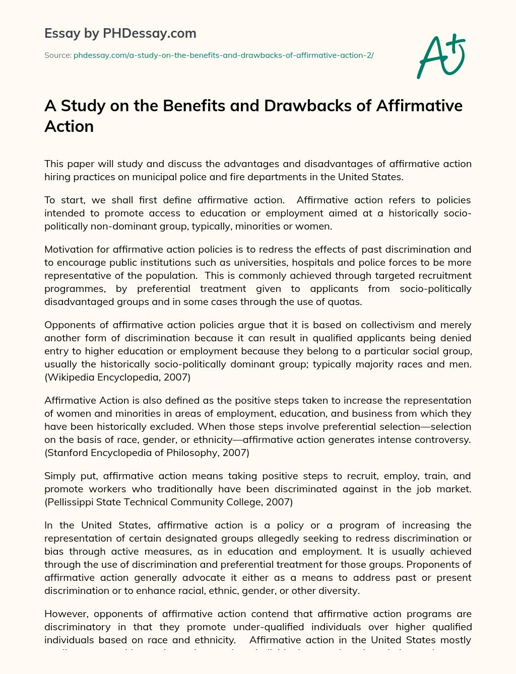 A Study on the Benefits and Drawbacks of Affirmative Action essay