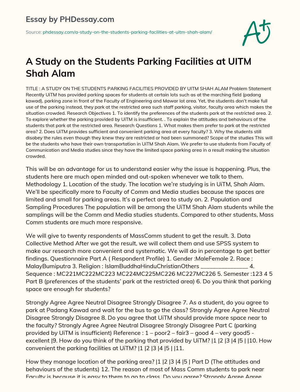A Study on the Students Parking Facilities at UITM Shah Alam essay