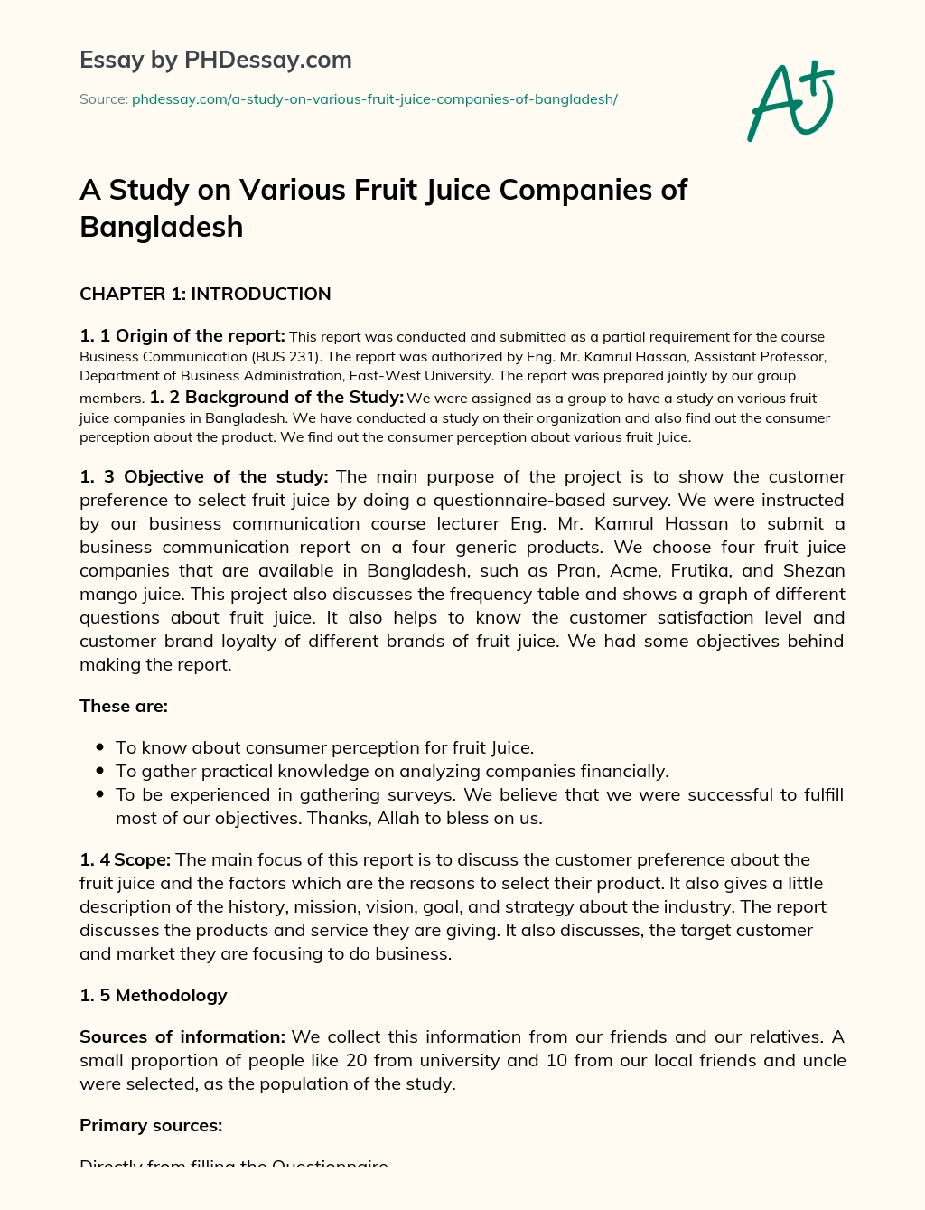 A Study on Various Fruit Juice Companies of Bangladesh essay