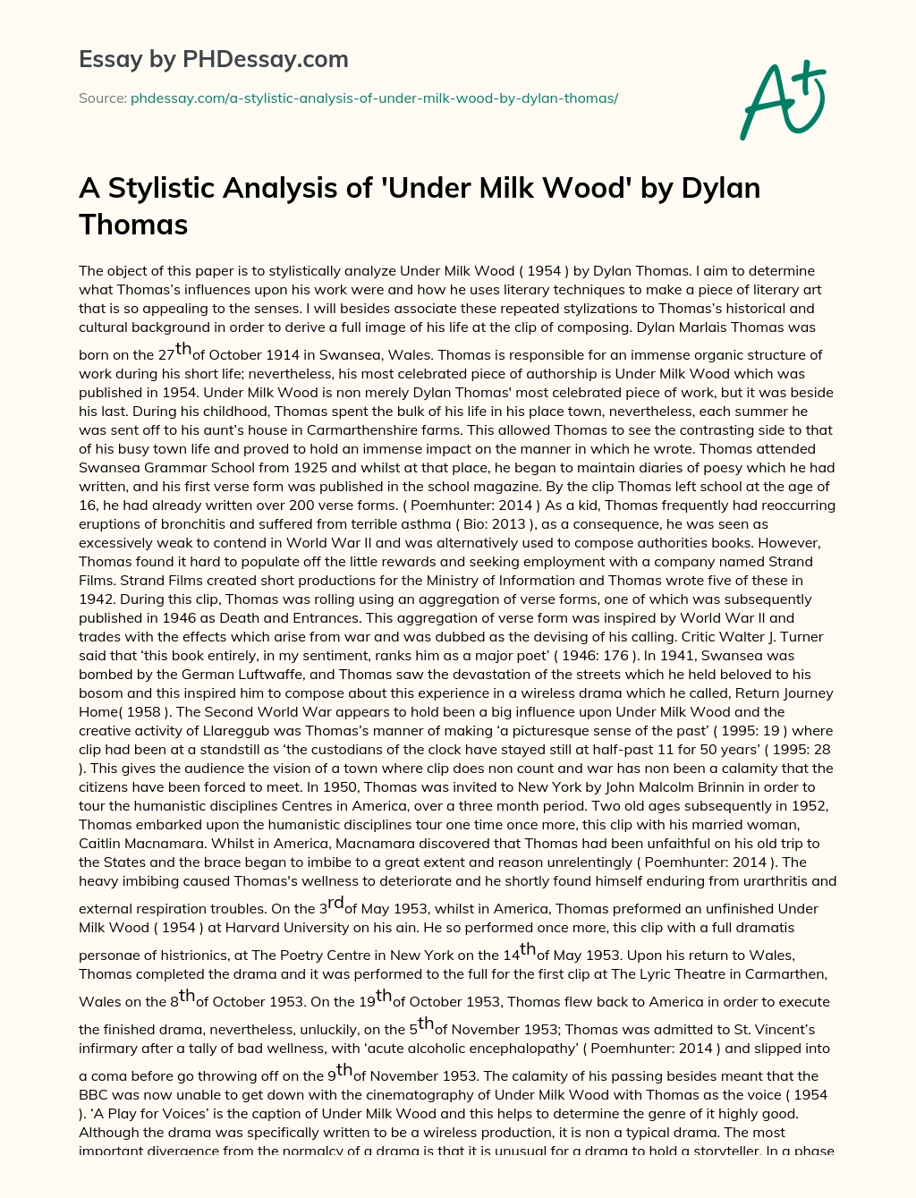 A Stylistic Analysis of ‘Under Milk Wood’ by Dylan Thomas essay