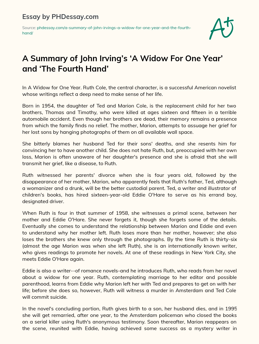 A Summary of John Irving’s  ‘A Widow For One Year’ and ‘The Fourth Hand’ essay