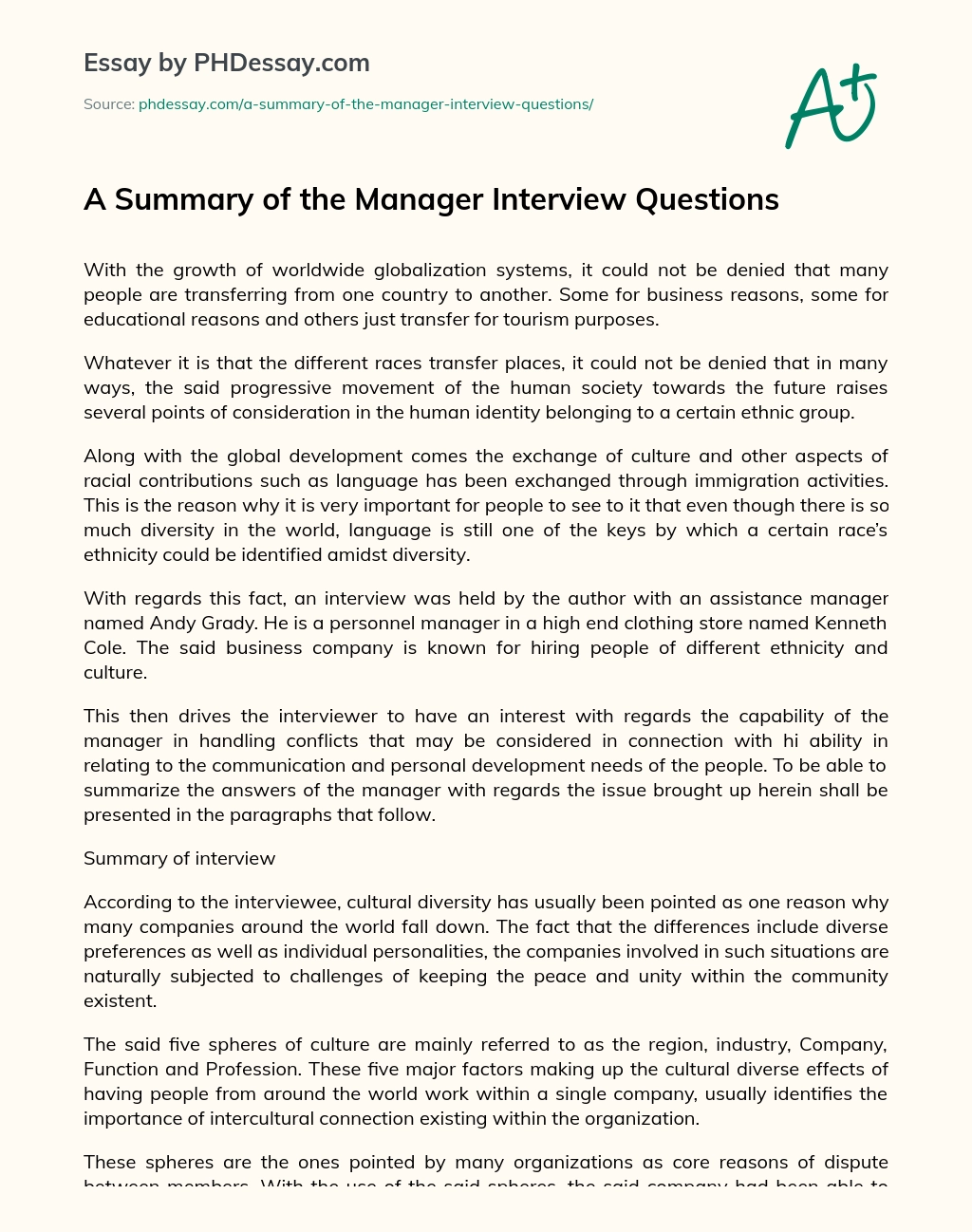 A Summary of the Manager Interview Questions essay