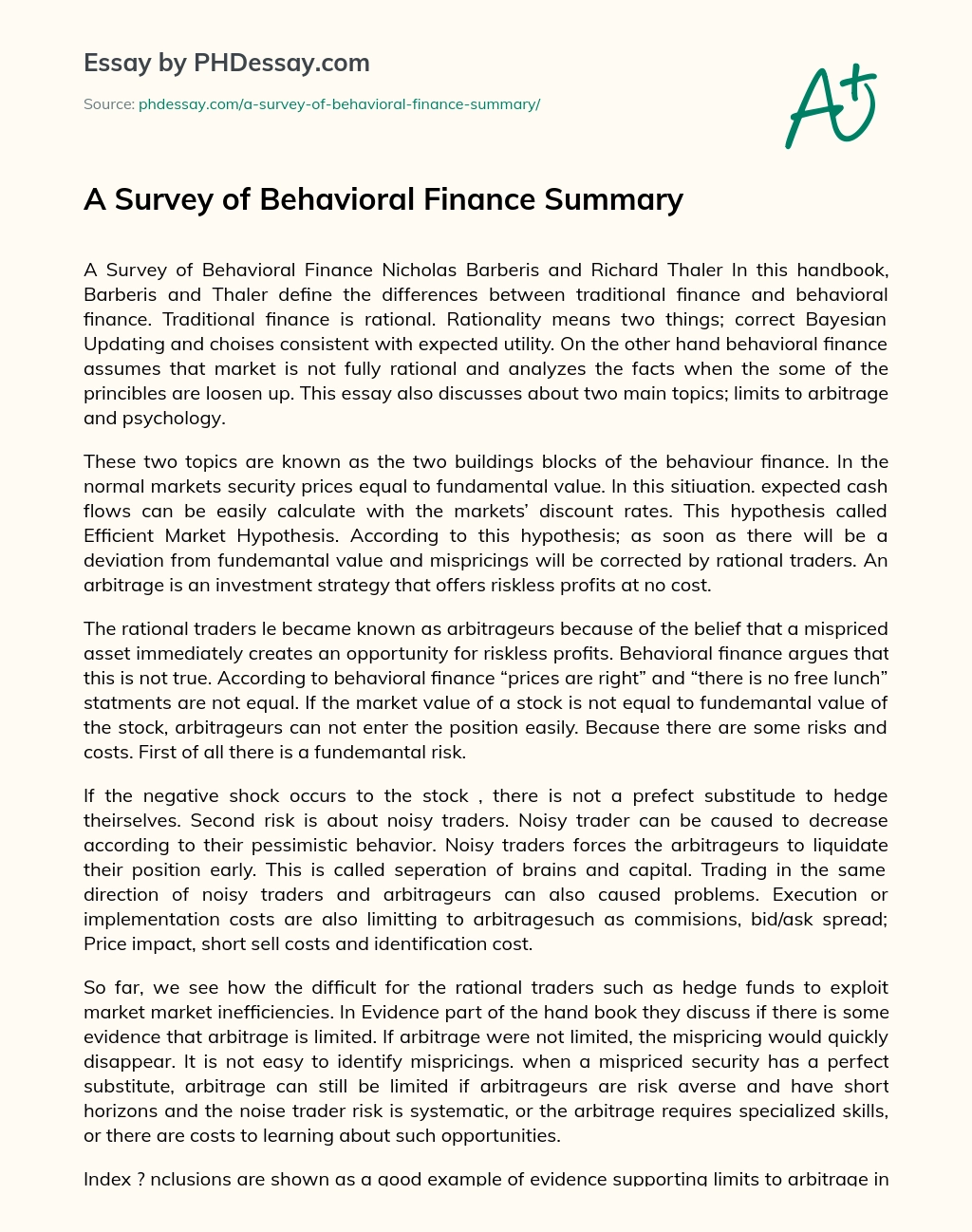 A Survey of Behavioral Finance Summary essay