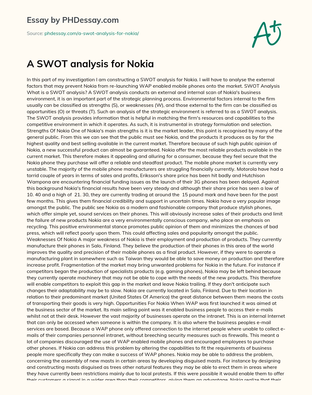 A SWOT analysis for Nokia essay